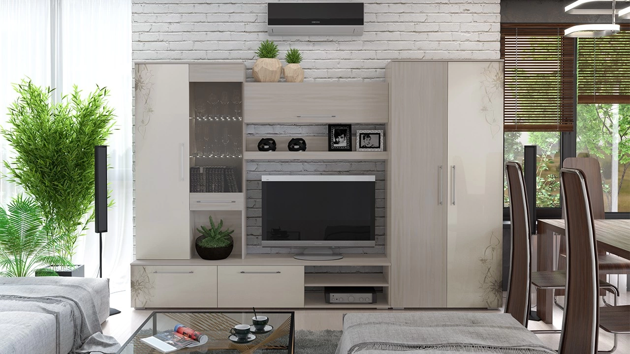 Стенка Мадлен Ясень Шимо/Бежевый Глянец с Рисунком (Ш-2998 х В-2020 х Г-450 мм)