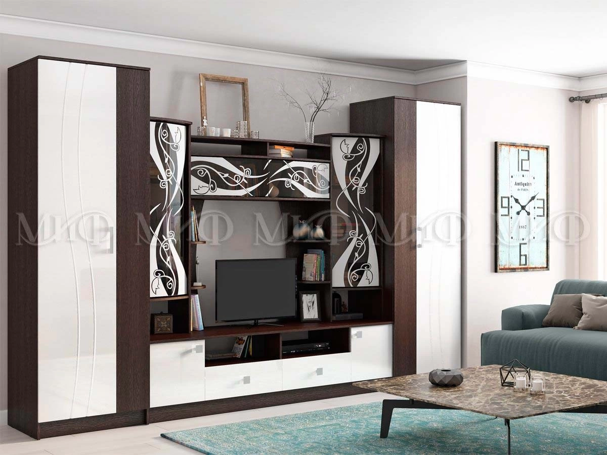 Гостиная Жасмин МДФ №2 Венге/Белый Глянец (Ш-3400 × В-2200 × Г-520 мм)
