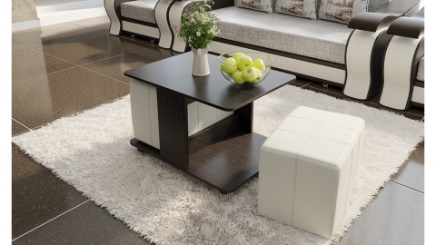 Стол Журнальный с Пуфиками «Капри» Венге Цаво/Кож.Зам Светлый/Ш-600× Д-800 × В-500 мм