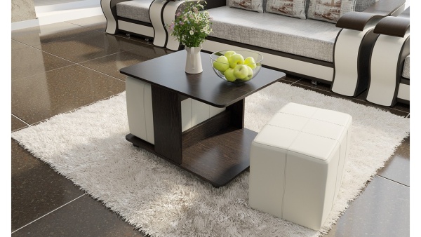 Стол Журнальный с Пуфиками «Капри» Венге Цаво/Кож.Зам Светлый/Ш-600× Д-800 × В-500 мм