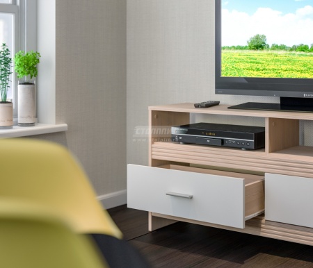 Тумба ТВ Дакота СБ-2885 Сосна Авола Шампань+Белый Глянец/Ш-1230 X В-600 X Г-330 мм