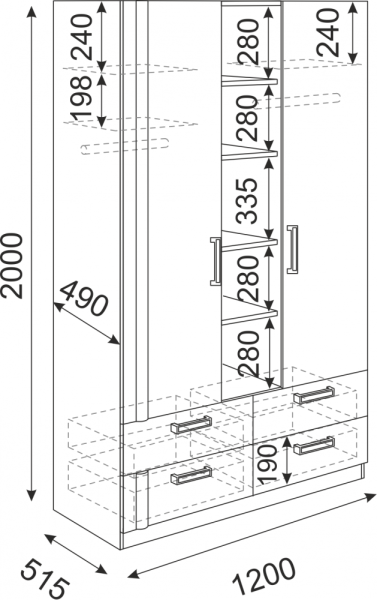 Шкаф "Волкер" 3-секционный М 2 (Ш-1200 х Г-515 х В-2000 мм)