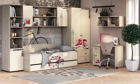 Детский Гарнитур Мийа-3 LONDON CITY Ясень Шимо Светлый/Бежевый Фотопечать